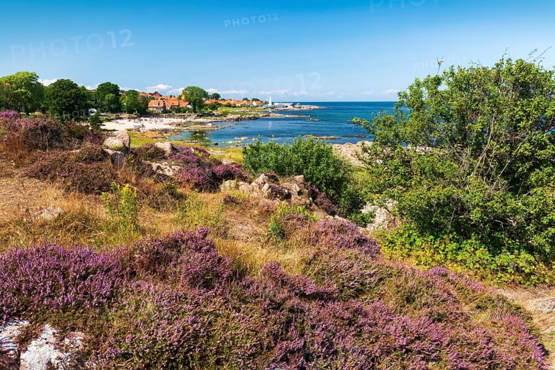 View of Allinge with bathing area and smokehouse on the rocky coast of the Baltic Sea