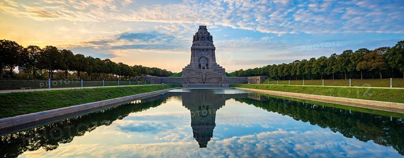 Monument to the Battle of the Nations in Morning Mood with water reflection