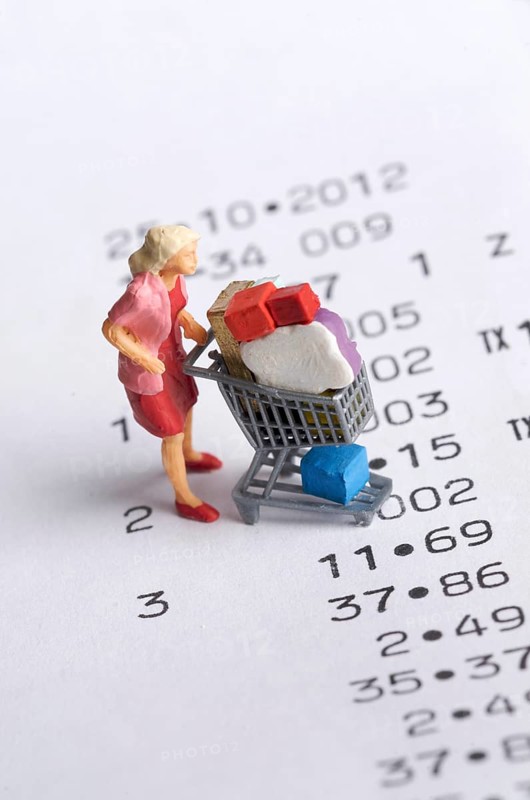 Miniature figurine of a woman with a shopping chart on a receipt