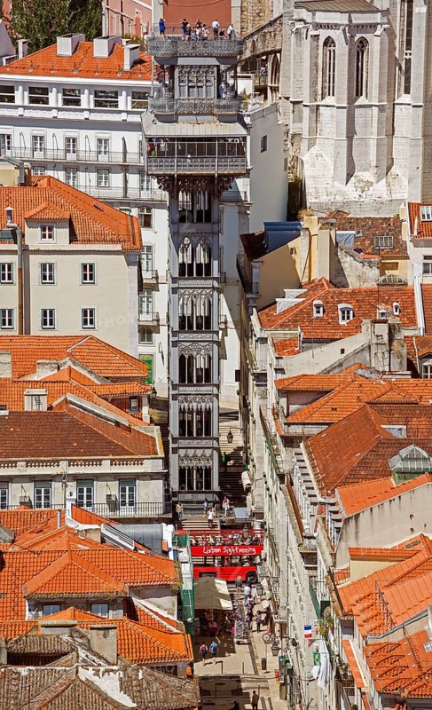 View from Castelo de Sao Jorge castle towards the Santa Justa Elevator