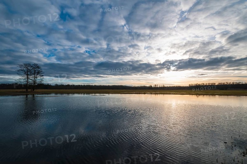 Flooded fields with a low sun