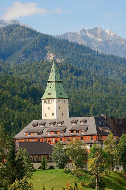 Schloss Elmau luxury spa in front of the Wetterstein Mountains