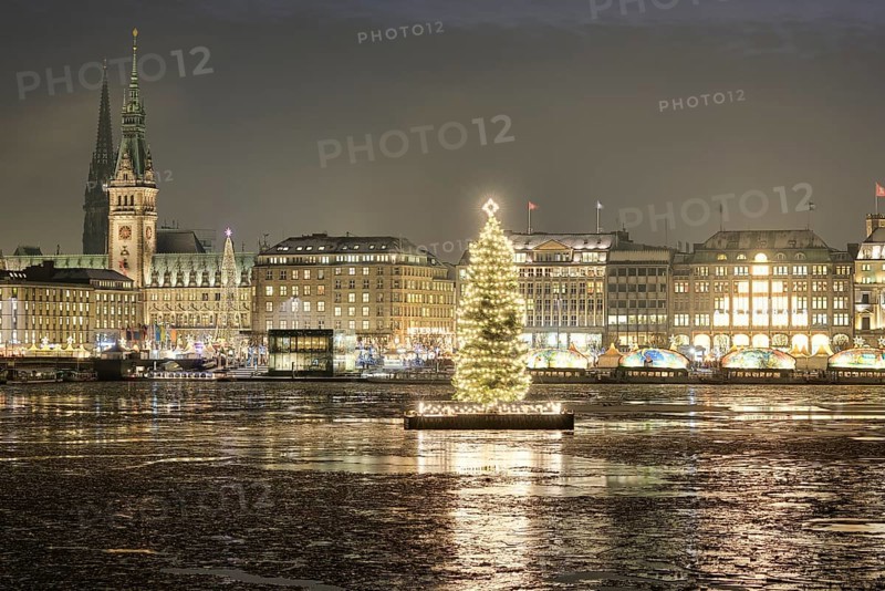Binnenalster or Inner Alster Lake with a Christmas tree
