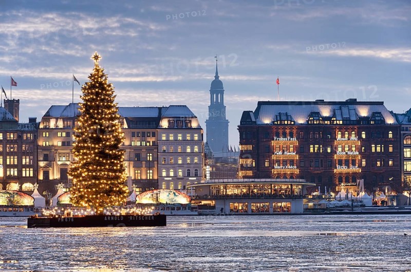 Binnenalster or Inner Alster Lake with a Christmas tree