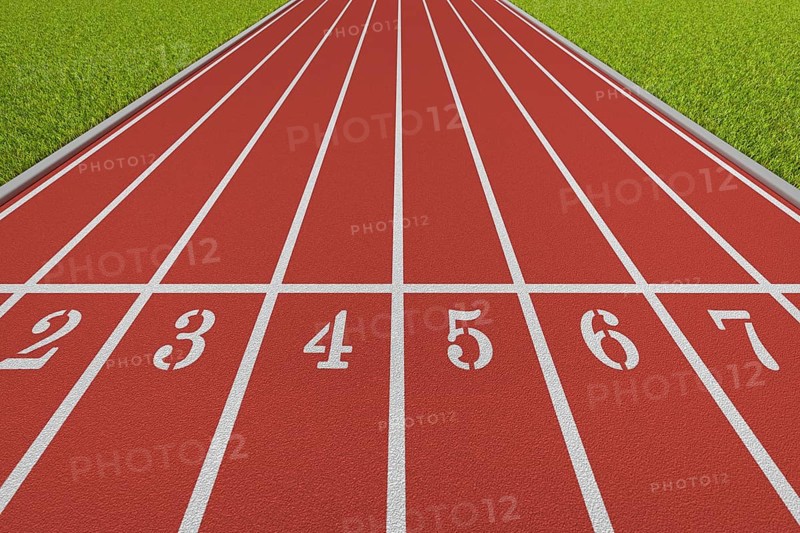Starting line of a running track with eight lanes