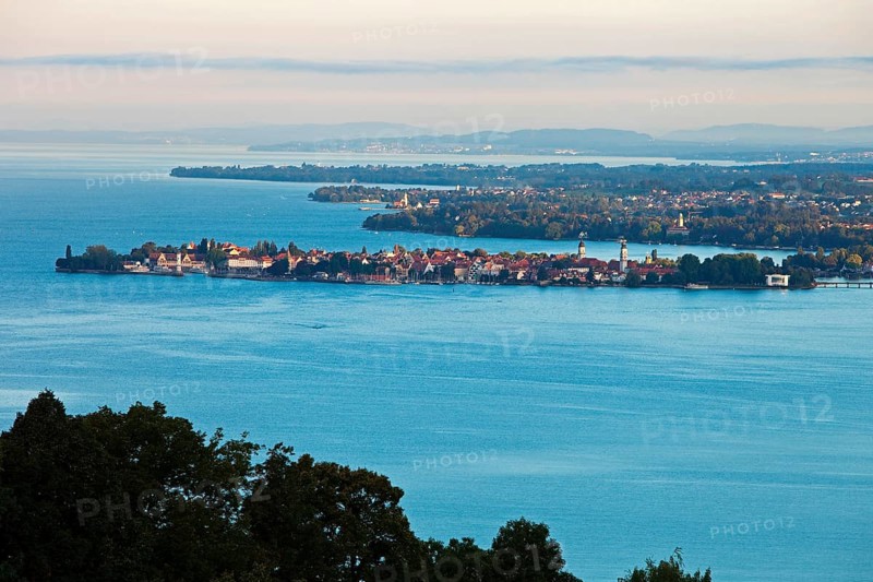 View over Lindau and Lake Constance from Pfaender Mountain in the early morning