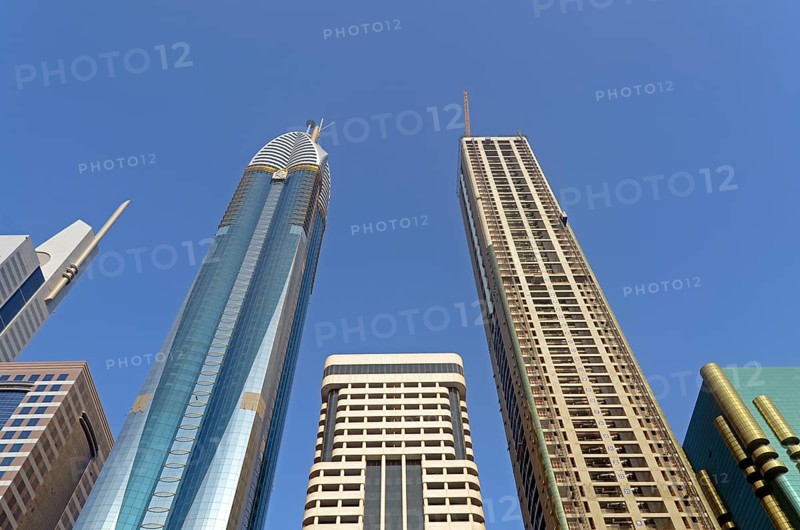 Skyscrapers on Sheikh Zayed Road against a blue sky