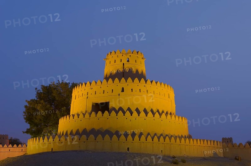 A tower of the Al Ain Palace Museum or Sheikh Zayed Palace Museum at dawn