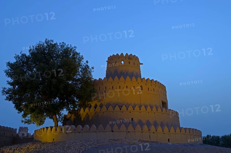 A tower of the Al Ain Palace Museum or Sheikh Zayed Palace Museum at dawn