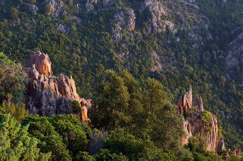 The typical bizarre red rocks of the Calanche of Pianasurrounded by green scrub. The Calanche of Piana is in the western part of the island Corsica
