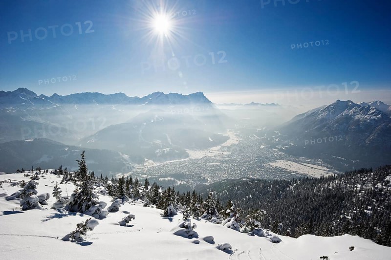 Winter landscape with snow-covered fir trees and the sun