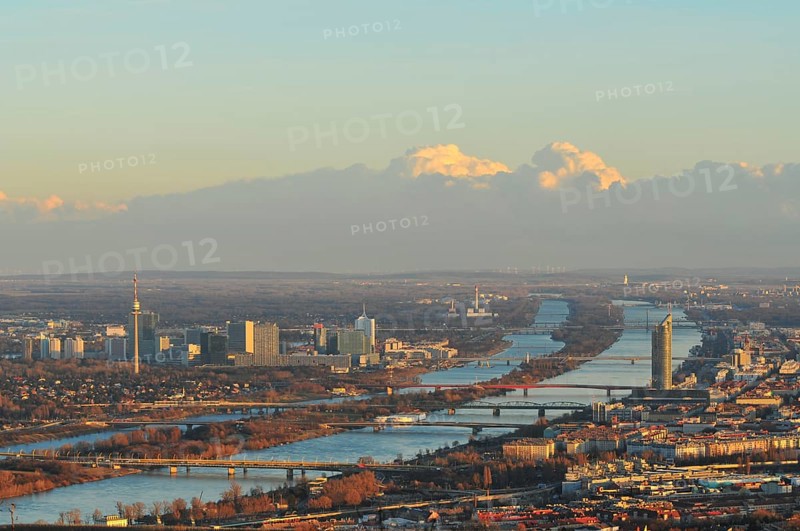 The city and the New Danube river at dusk