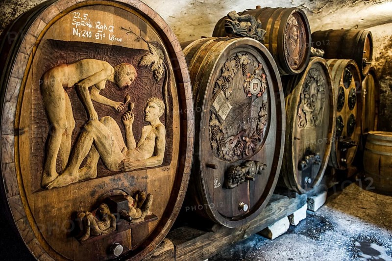 Ornately carved wine barrels
