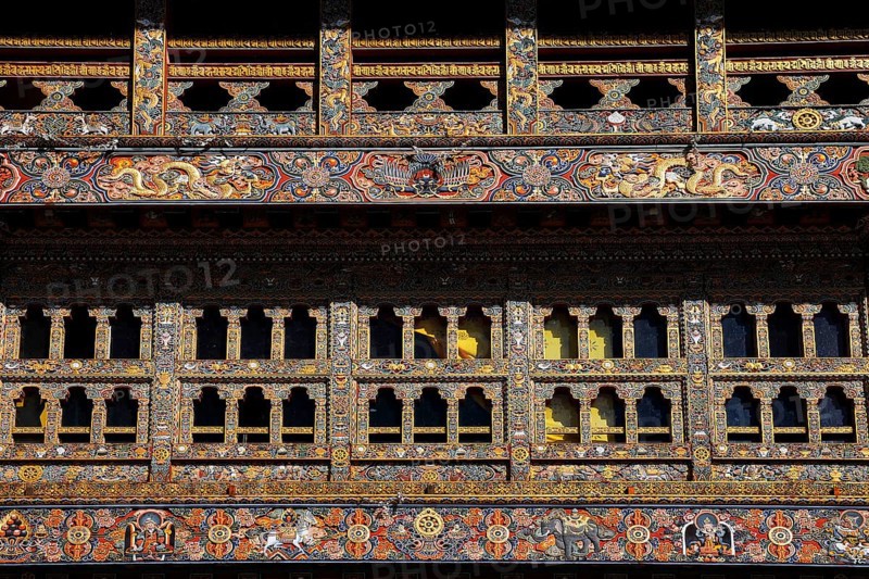 Ornamental windows in Gangtey Monastery in Phobjika Valley