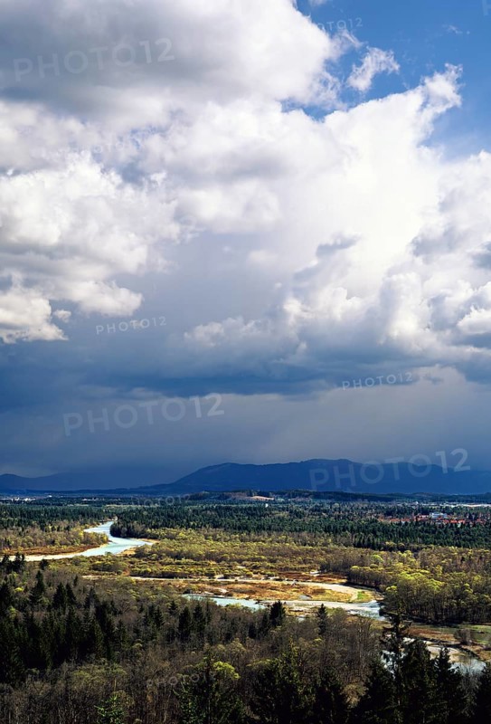 View from the high banks of 'Weisse Wand' or 'White Wall' over the Isar River towards the mountains of the Isarwinkel