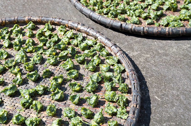 Spinach drying in the sun on a tablet
