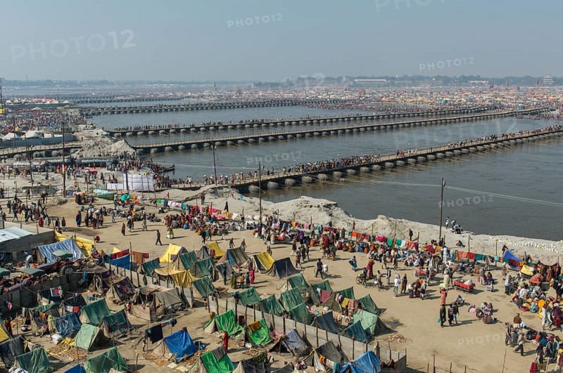 Many pontoon bridges crossing the river Ganges at the Kumbha Mela grounds