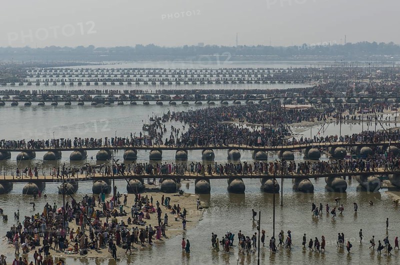Many pontoon bridges crossing the river Ganges at the Kumbha Mela grounds