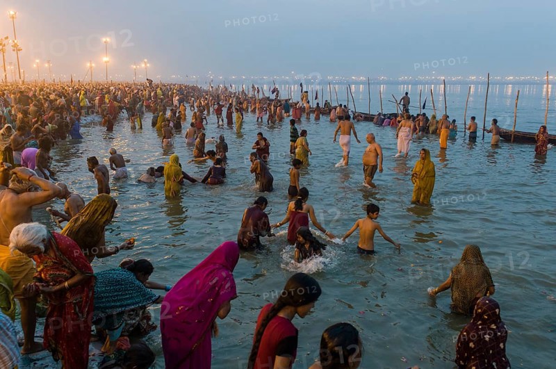 Crowds of people gathering on the Sangam