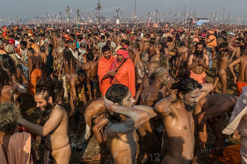 Crowds of naked Naga sadhus