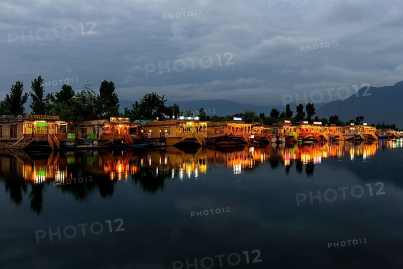 Houseboats on Dal Lake at night