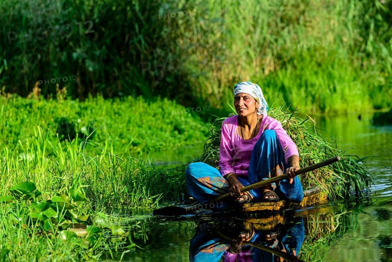 A woman paddeling in a shikara boat on a canal near Dal Lake