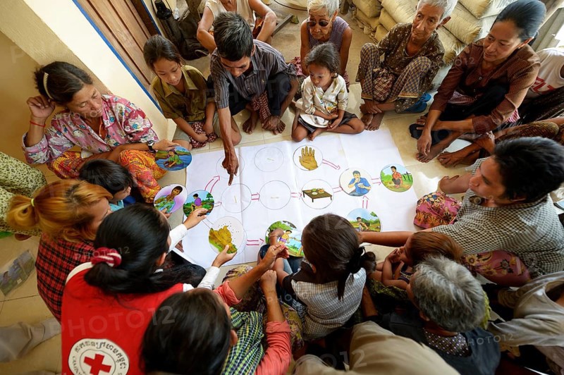 Villagers participating in hygiene training run by a charity organisation using illustrations to display causes and consequences of poor hygiene