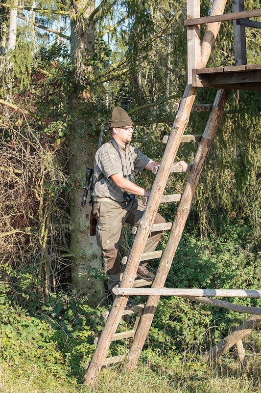 Hunter climbing a raised hide