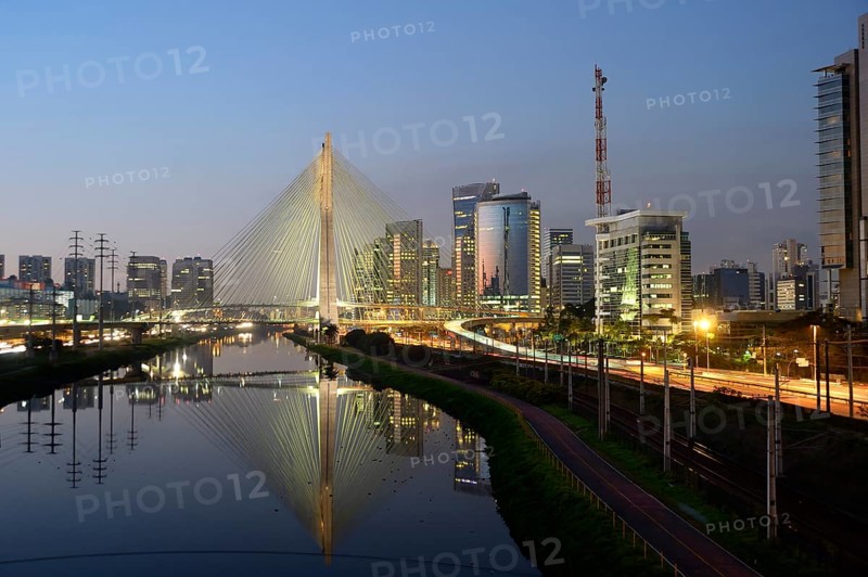 Modern skyscrapers and the Octavio Frias de Oliveira bridge over the Rio Pinheiros River