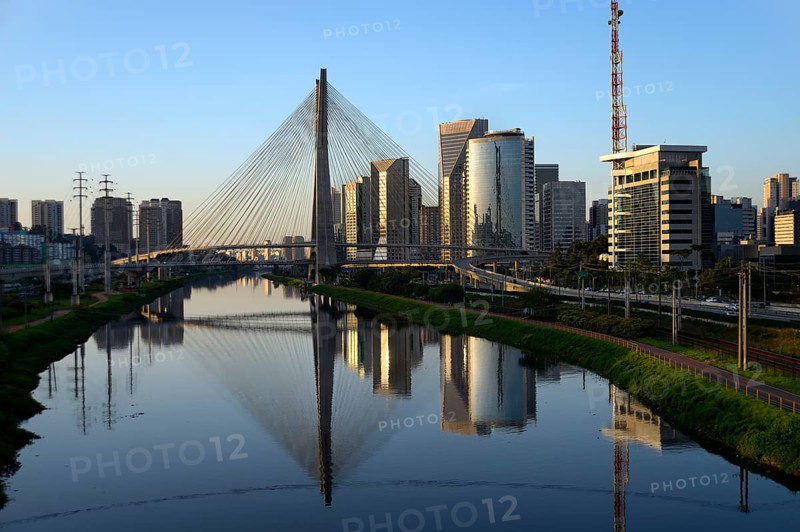 Modern skyscrapers and the Octavio Frias de Oliveira bridge over the Rio Pinheiros River