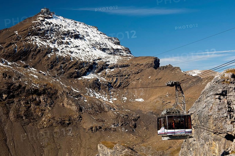 Cabin of the Schilthorn Cableway between the intermediate station of Birg and the summit of Schilthorn Mountain