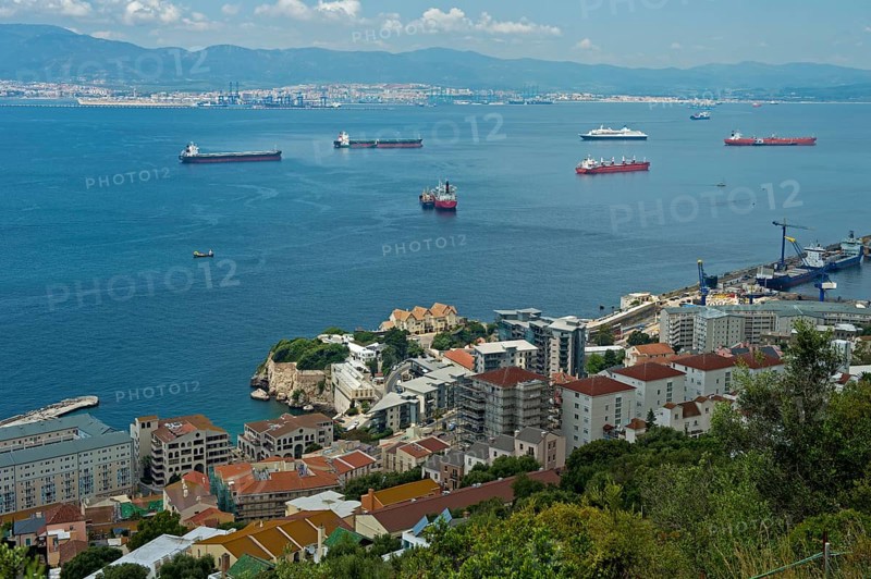 View over the roadstead in front of the harbor of Gibraltar and the Bay of Algeciras