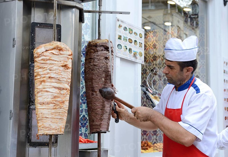 Doner food stand with lamb kebab and chicken kebab