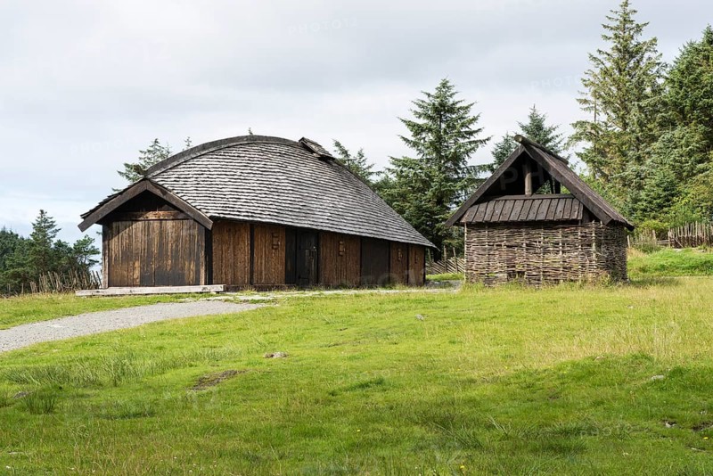 Reconstructed Viking farm with a long house and a fire building