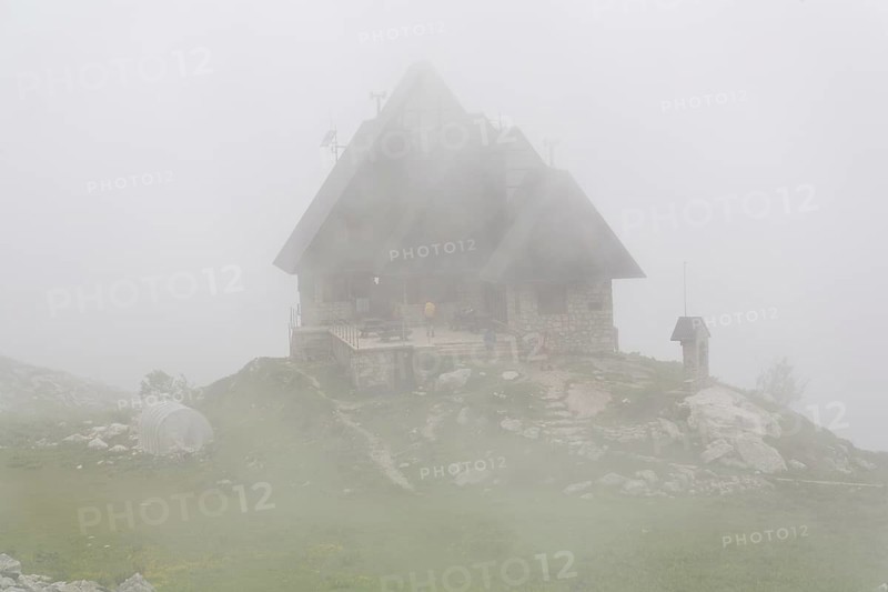 Rifugio Garelli mountain hut in the fog