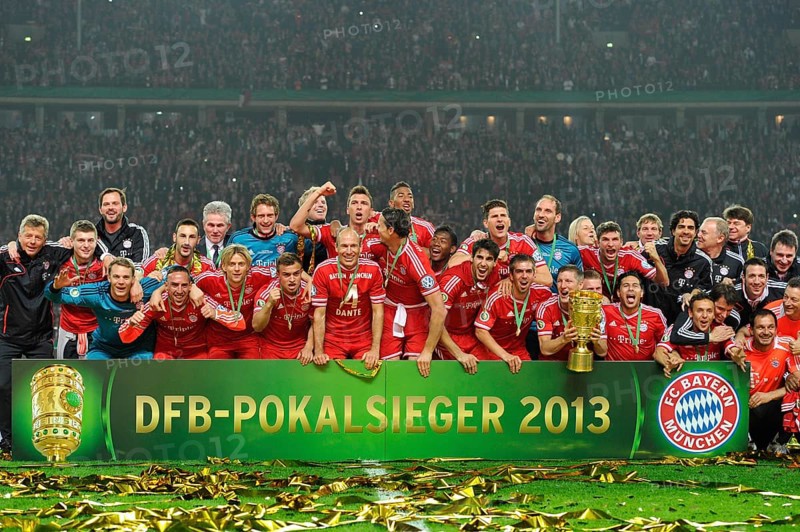 FC Bayern celebrating their triple victory