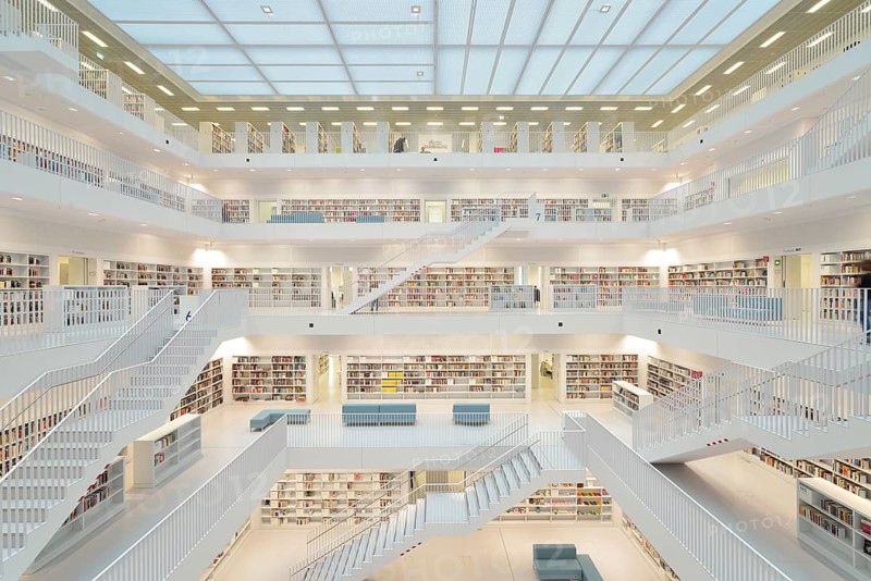 Gallery hall with steps of the Stuttgart City Library on Mailaender Platz square