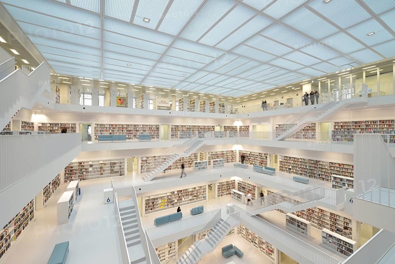 Gallery hall with steps of the Stuttgart City Library on Mailaender Platz square