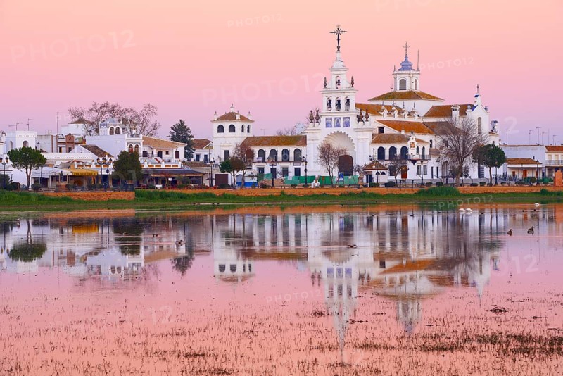 El Rocio village and Ermita del Rocio hermitage at sunset