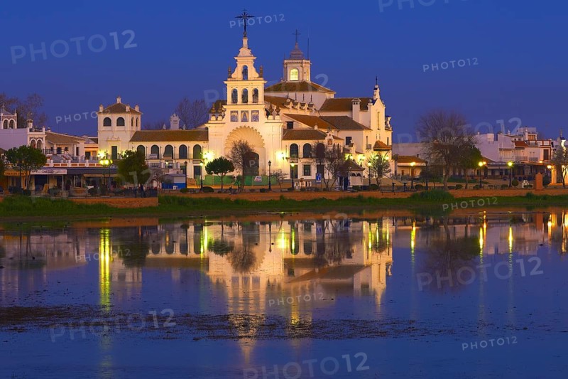 El Rocio village and Ermita del Rocio hermitage at dusk