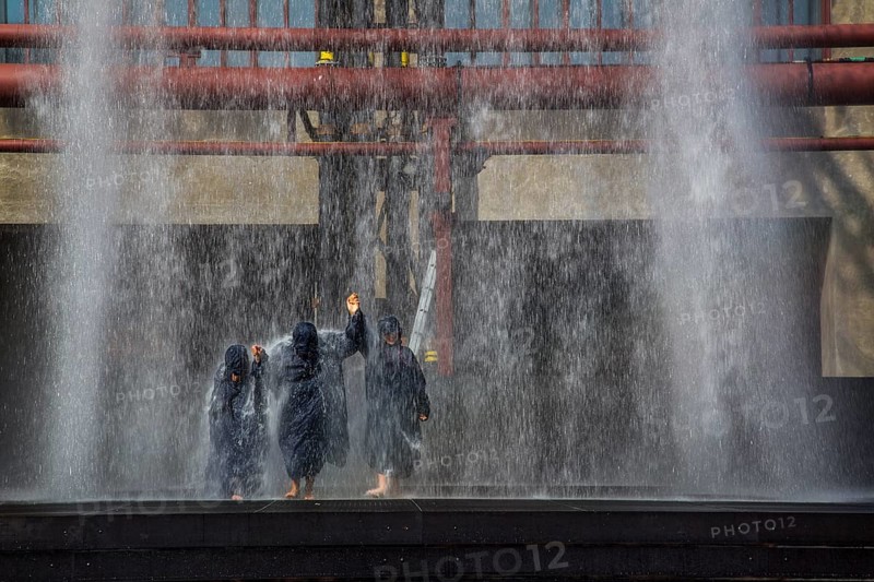 Art installation in front of the coal bunkers of the Zeche Zollverein: 'rAndom International: Tower - Instant Structure for Shaft XII - Urban Arts Ruhr'