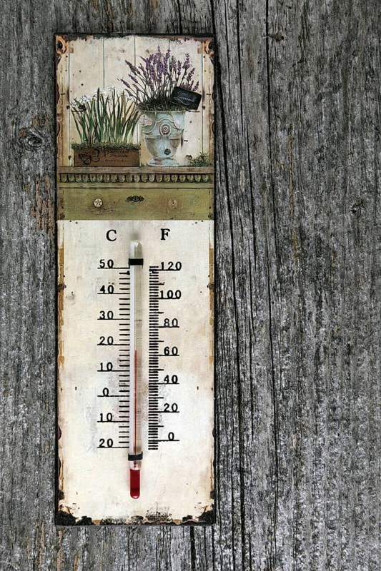 An old thermometer hanging on a weathered wooden wall
