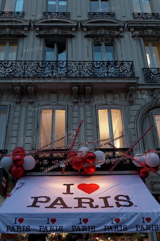 I Love Paris souvenir shop with Christmas decorations