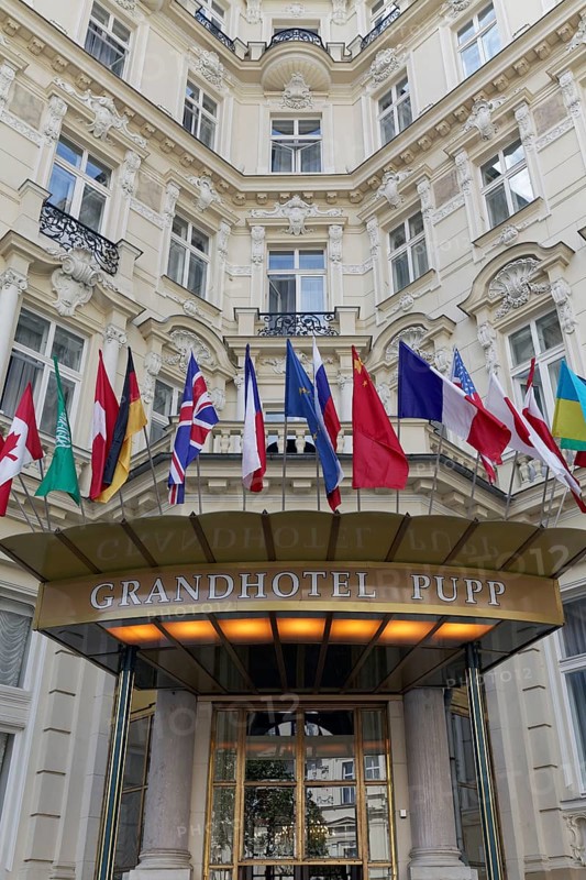 Hotel entrance with international flags