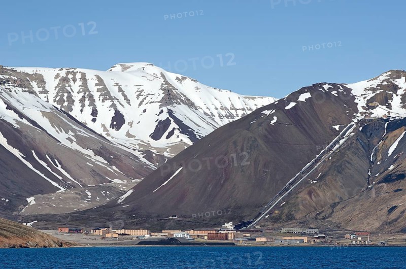 Abandoned Russian mining town of Pyramiden with the entrance to a coal mine
