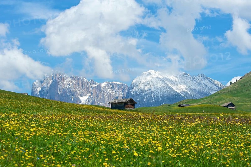 Alpine huts in front of Piatto Mountain and Sasso Lungo Mountains