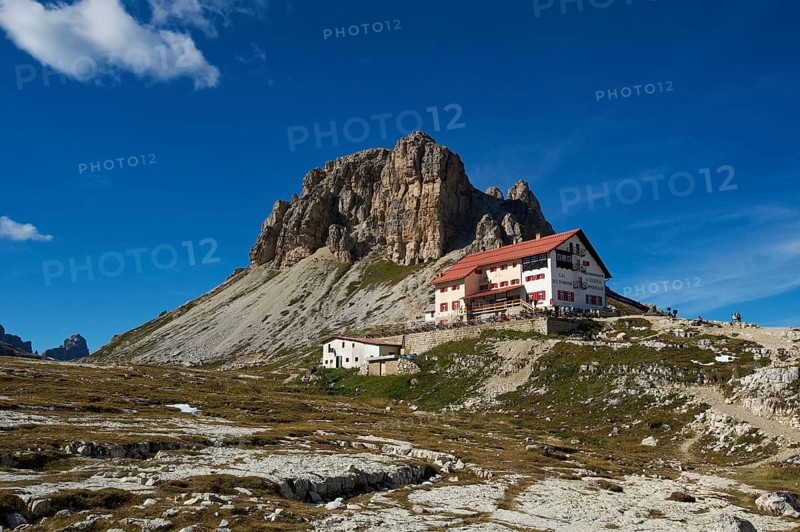Dreizinnenhuette or Three Peaks Alpine hut with Toblinger Knoten Mountain