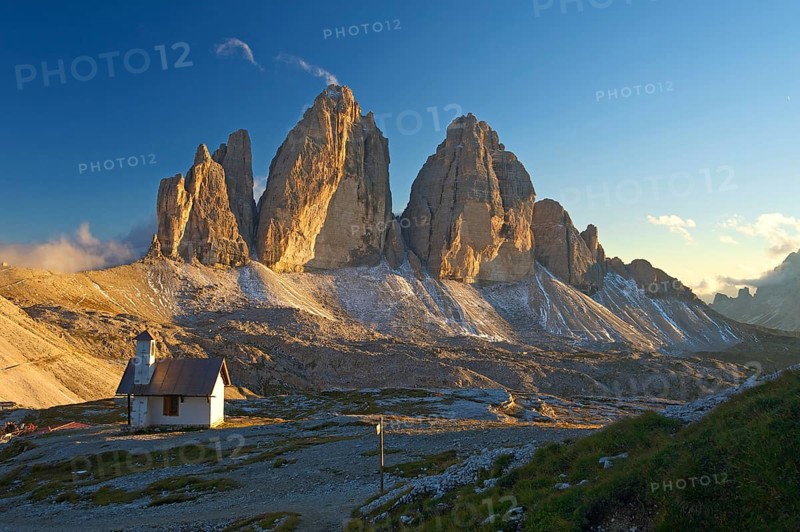 Chapel of Dreizinnenhuette or Three Peaks Alpine hut in front of the north face of the Three Peaks