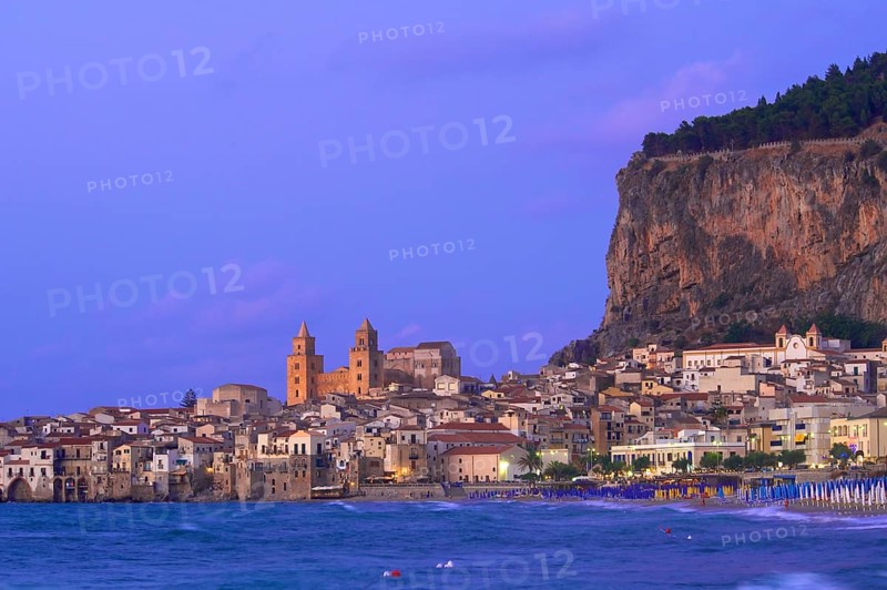 Historic town centre with the Cathedral of San Salvatore and Rocca di Cefalu at dusk