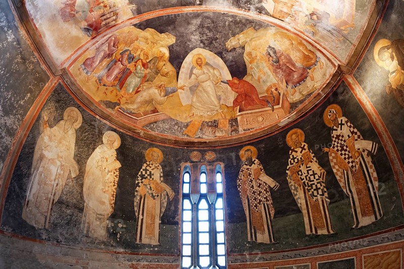 Anastasis fresco and Church Fathers wearing bishop's robes in the Parekklesion or Funeral Chapel